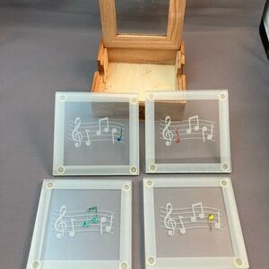 Smashing Glass Coasters with wooden storage box. Music Theme